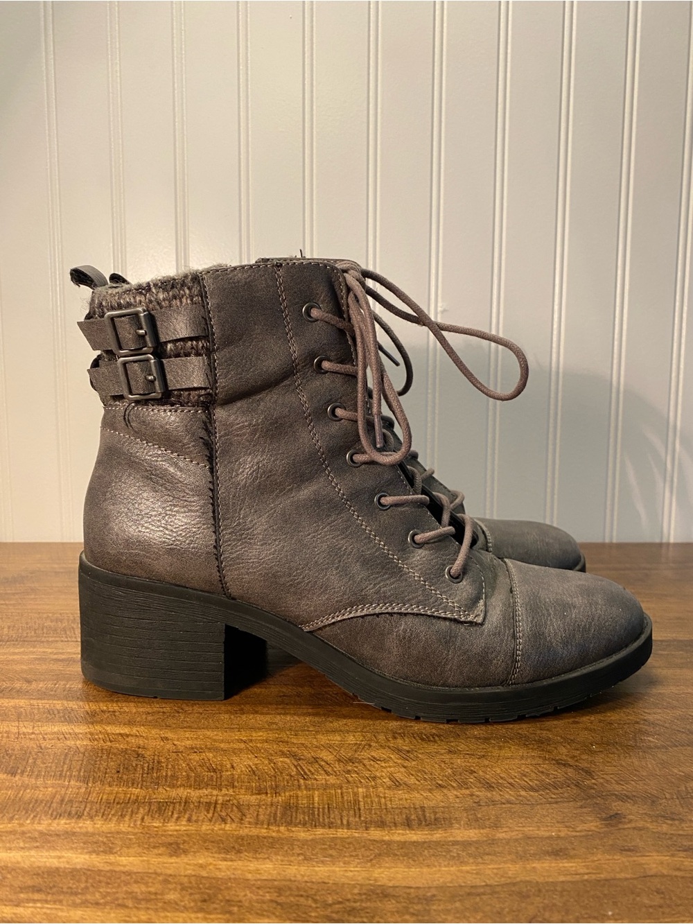 Women's Grey Lace-Up Block Heel Ankle Boots - size 10